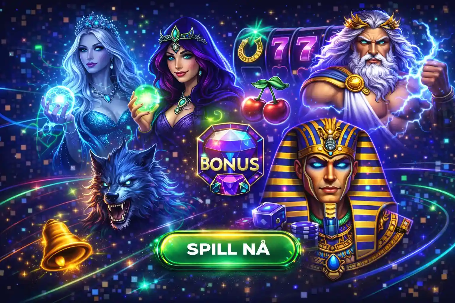 Ulike spillkarakterer samlet rundt et lysende bonus symbol for gevinstmuligheter
