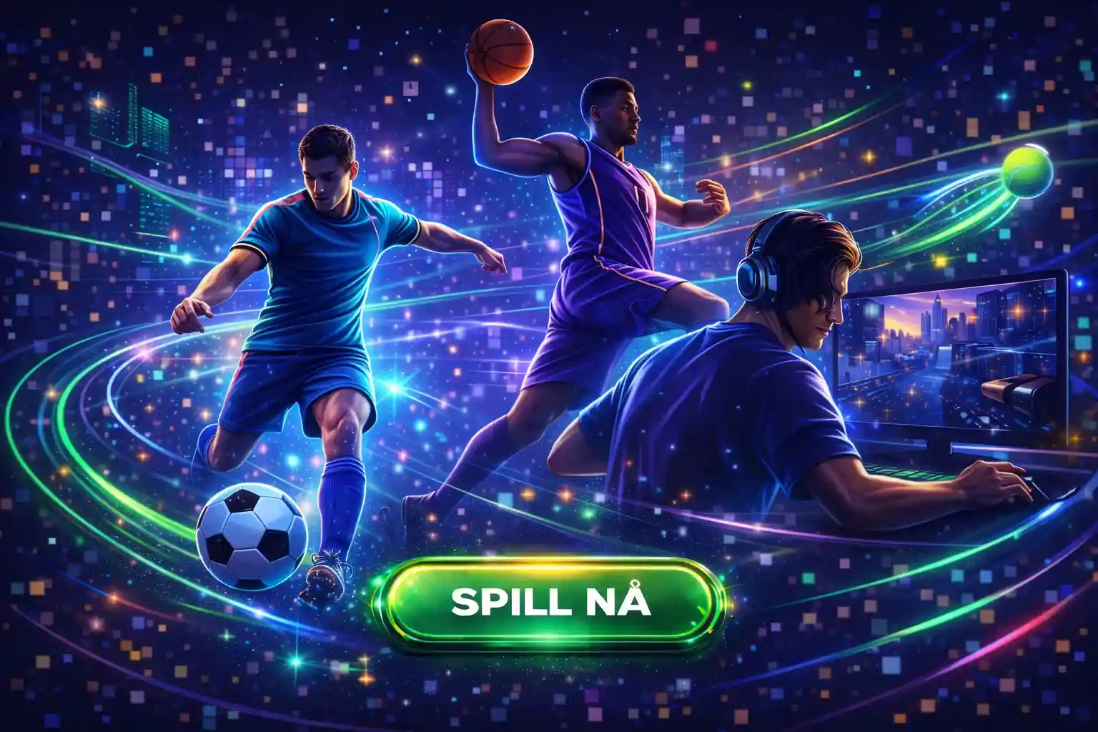 Actionfylt illustrasjon av fotballspiller og basketballspiller med neonlys i bakgrunnen