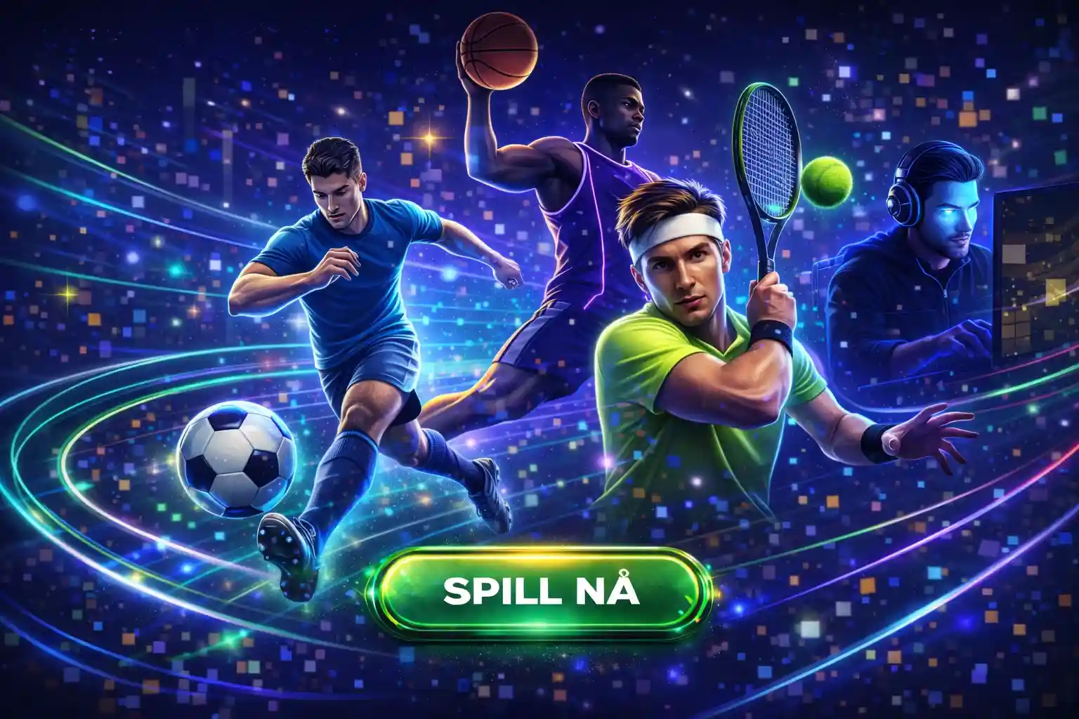 Dynamisk bilde av utøvere innen fotball tennis og basketball for oddsspill